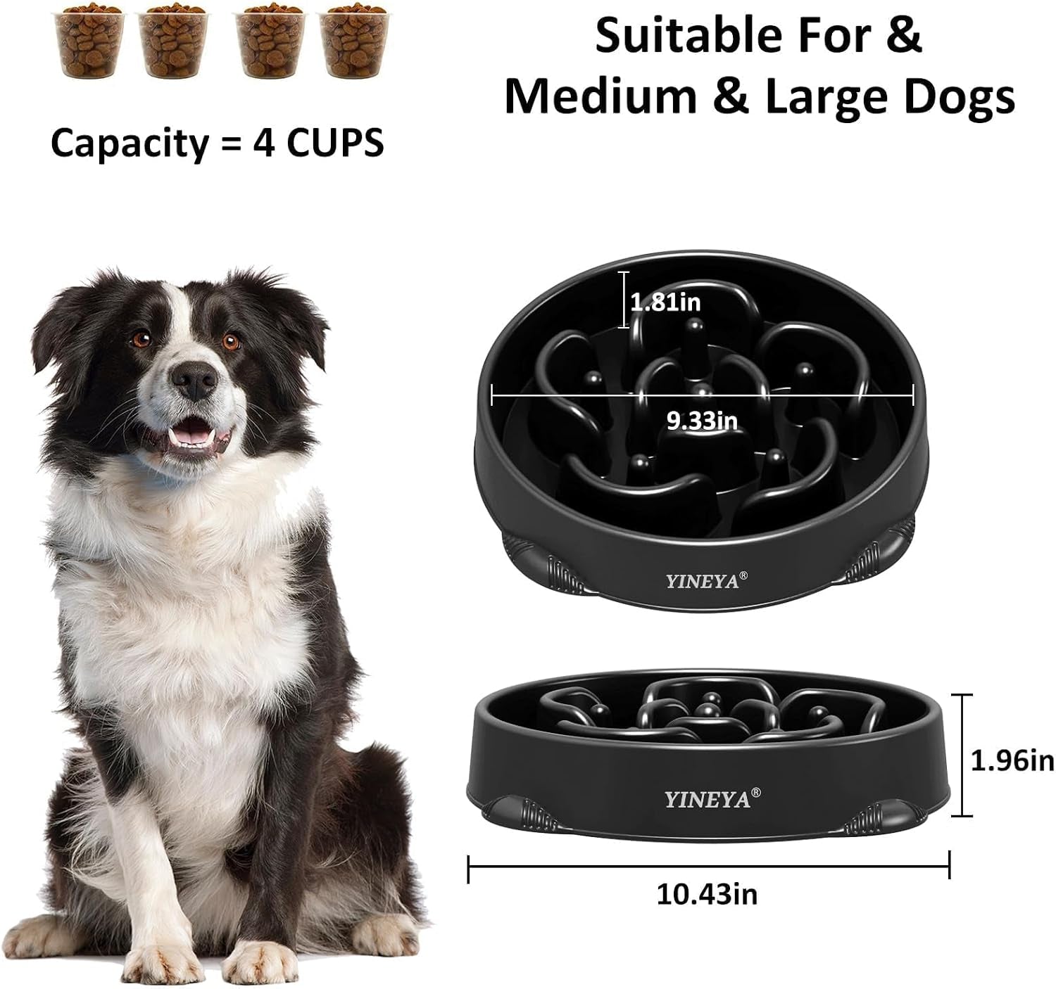 4 Cups Slow Feeder Dog Bowls Large Breed Anti-Choking Healthy Eating | Dog Food Bowl Slow down Eating Prevents Bloat, Promotes Healthy Digestion, Puzzle Feeder Interactive Makes Meal Time Fun