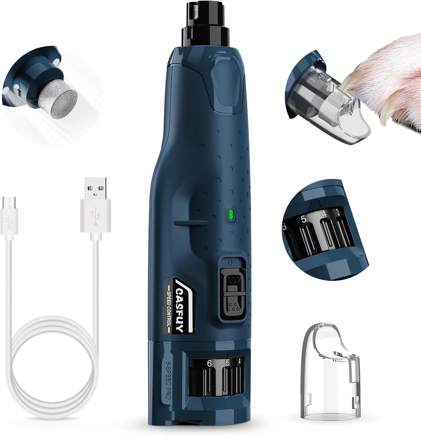Dog Nail Grinder Quiet - (45Db) 6-Speed Pet Nail Grinder with 2 LED Lights for Large Medium Small Dogs/Cats, Professional 3 Ports Rechargeable Electric Dog Nail Trimmer with Dust Cap