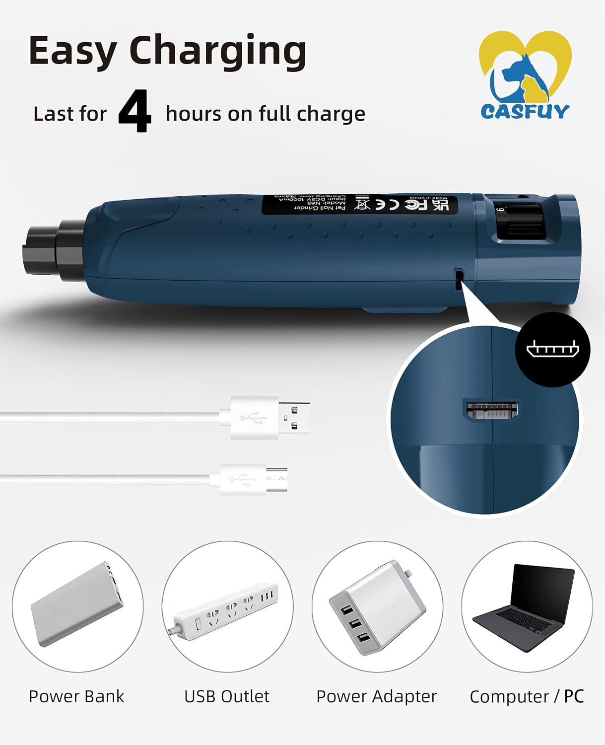 Dog Nail Grinder Quiet - (45Db) 6-Speed Pet Nail Grinder with 2 LED Lights for Large Medium Small Dogs/Cats, Professional 3 Ports Rechargeable Electric Dog Nail Trimmer with Dust Cap
