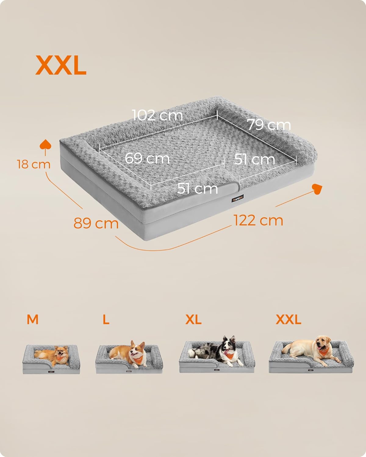 Orthopedic Dog Bed for Large Dogs, Memory Foam Dog Bed Sofa Pet Couch with Sides, Removable Washable Cover and Waterproof Liner, 122 X 89 X 18 Cm, Dove Grey PGW254G01