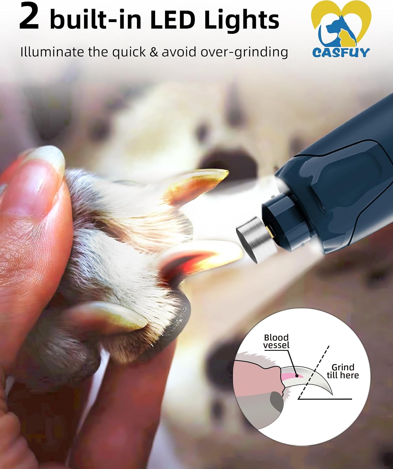 Dog Nail Grinder Quiet - (45Db) 6-Speed Pet Nail Grinder with 2 LED Lights for Large Medium Small Dogs/Cats, Professional 3 Ports Rechargeable Electric Dog Nail Trimmer with Dust Cap