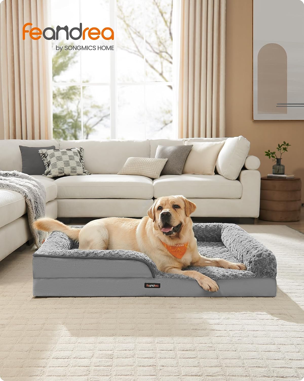 Orthopedic Dog Bed for Large Dogs, Memory Foam Dog Bed Sofa Pet Couch with Sides, Removable Washable Cover and Waterproof Liner, 122 X 89 X 18 Cm, Dove Grey PGW254G01