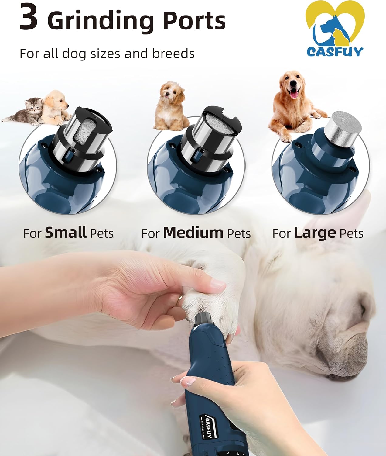 Dog Nail Grinder Quiet - (45Db) 6-Speed Pet Nail Grinder with 2 LED Lights for Large Medium Small Dogs/Cats, Professional 3 Ports Rechargeable Electric Dog Nail Trimmer with Dust Cap
